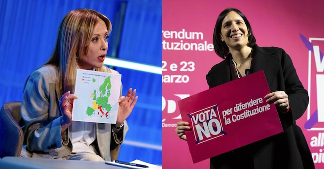 La foto combo ha a sinistra la premier Giorgio Meloni Giorgia Meloni ospite di Speciale Tg La7 condotto da Enrico Mentana e a destra la leader del Partito Democratico Elly Schlein all’evento conclusivo della campagna referendaria nazionale del Partito Democratico per il No al referendum e in difesa della Costituzione Ansa e La Presse