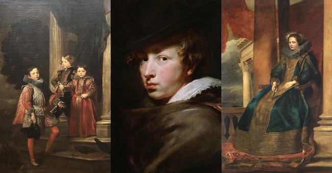 (da sinistra) Anton van Dyck, Ritratto di Alessandro, Vincenzo e Francesco Maria Giustiniani Longo; (centro) Anton van Dyck, Autoritratto, inv. RH.S.216, 1615 – 1617, olio su tavola, 36,5 × 25,8 cm; Rubenshuis, Città di Anversa (?), inv. NG 6502, 1626 – 1627 ca., olio su tela, 219 × 151 cm; ©The National Gallery, London; (a destra) 10) Anton van Dyck, Ritratto di una dama genovese, forse Maria Chiavari Durazzo, 1626 – 1627 ca., olio su tela, 237 × 150 cm; Roma, collezione Odescalchi