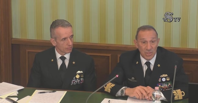 Un momento dell’audizione in commissione Affari esteri e Difesa del Senato del Capo di Stato maggiore della Marina militare, ammiraglio di squadra Giuseppe Berutti Bergotto. L’ammiraglio, a destra nella foto,  è intervenuto sulle linee programmatiche del suo mandato Foto tratta dalla diretta video del Senato