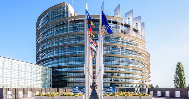 Strasburgo, Francia: Ingresso dell'edificio Louise Weiss, inaugurato nel 1999, sede ufficiale del Parlamento europeo che ospita l'emiciclo per le sedute plenarie. (Adobe Stock)