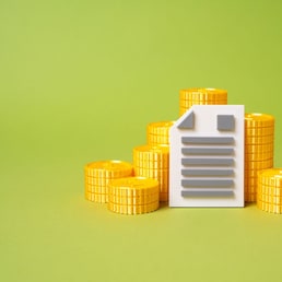 Document and stacks of money coins. Securities and stock. Inheritance. Dividends. Bonds, shares, legal inheritance papers. Dividend distributions, stock market holdings, asset management documentation
