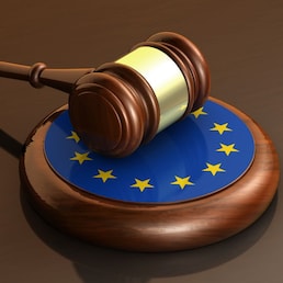European Union laws, legal system and parliament concept with a 3d render of a gavel on a wooden desktop and the EU flag.