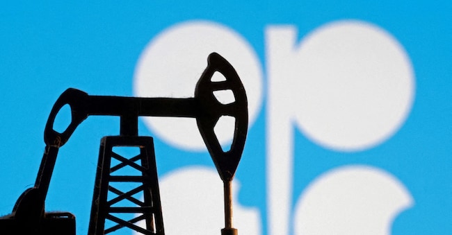 Modello di una pompa per il petrolio davanti al logo dell'OPEC. REUTERS/Dado Ruvic/Illustrazione/Foto d'archivio REUTERS