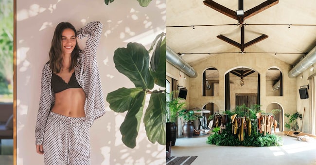 Metamorfosi. Da sinistra, un look Goldenpoint per la P-E 2026 che comprende pigiama e abbigliamento intimo e l’allestimento delle nuove collezioni, con grande spazio ai costumi da bagno