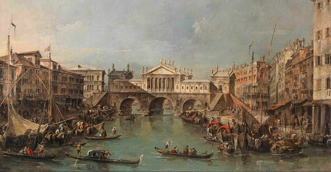 Francesco Guardi, «Il Ponte di Rialto secondo il progetto di Andrea Palladio», Olio su tela, cm 61 × 92, Lisbona, Museo Calouste Gulbenkian © Calouste Gulbenkian Museum. Photo: Catarina Gomes Ferreira