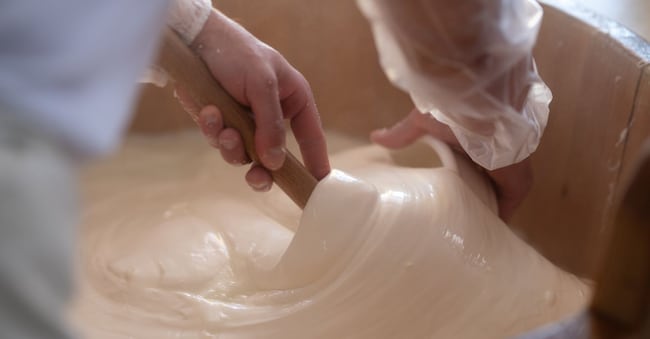 Una fase di lavorazione della Mozzarella di bufala campana Dop