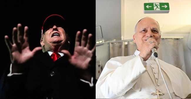 Combo con Donand Trump a sinistra - il presidente Usa fotografato mentre parla con i giornalisti dopo lo sbarco dell’Air Force One, il 12 aprile 2026, presso la base militare di Andrews, Md. (AP Photo/Julia Demaree Nikhinson) - e Papa Leone XIV a destra parla ai giornalisti mentre sta volando ad Algeri il 13 aprile 2026 (ANSA/ AFP / POOL /ALBERTO PIZZOLI)