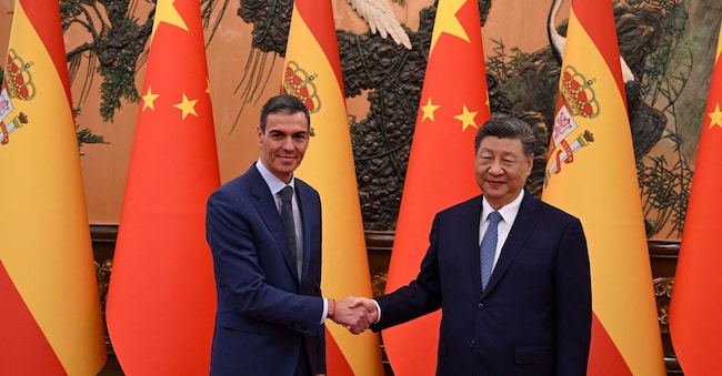 Il presidente cinese Xi Jinping e il primo ministro spagnolo Pedro Sánchez si stringono la mano alla Grande Sala del Popolo a Pechino, in Cina, il 14 aprile 2026. Governo spagnolo/Foto fornita tramite REUTERS    QUESTA IMMAGINE È STATA FORNITA DA UNA TERZA PARTE via REUTERS