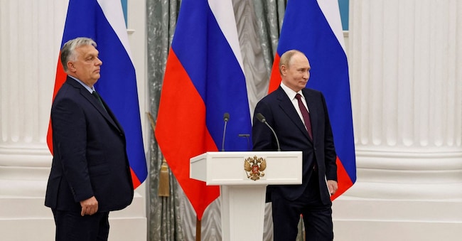  Il primo ministro ungherese Viktor Orbán e il presidente russo Vladimir Putin partecipano a una conferenza stampa al termine del loro incontro a Mosca, in Russia, il 5 luglio 2024 REUTERS