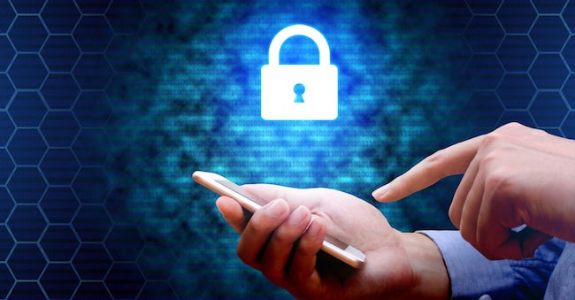 Cyber security concept. businessman using smartphone with lock network icon.