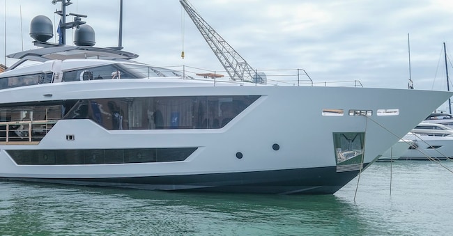 VENICE, ITALY - MAY 30: A Ferretti yacht is on display at the Venice Arsenal on May 30, 2022 in Venice, Italy. The third edition of the Venice Boat Show started on May 28 and will end on June 5, 2022 (Photo by Stefano Mazzola/Getty Images) Getty Images