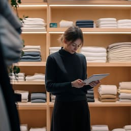 A professional saleswoman checking inventory on a tablet in a boutique, surrounded by neatly folded clothes on shelves, with a minimalistic decor. tynza - stock.adobe.com
