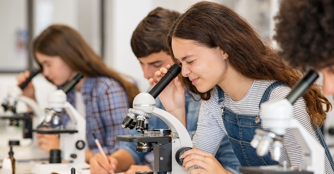 Un gruppo di studenti universitari di diverse etnie sta conducendo un esperimento al microscopio nel laboratorio di scienze. Rido - stock.adobe.com