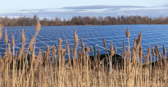 View of the solar power plant on a green field. Electric farm with panels for producing clean ecologic energy.