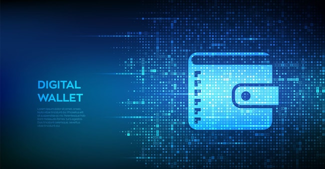 Portafoglio digitale. Icona di portafoglio realizzata con simboli valutari. Mobile banking, finanza online, banner per l'e-commerce. Icone di dollaro, euro, yen e sterlina. Sfondo con simboli valutari. Illustrazione vettoriale iuriimotov - stock.adobe.com