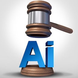 Artificial Intelligence Laws as a technology regulation for AI as legal and ethical issues for copyright and intellectual property implications for criminal justice and legality to regulate content usage with 3D illustration elements.