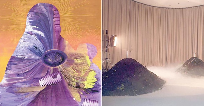 «Nightfal» 2024-2025, di Merike Estna, acrilico, olio e pastelli su tela, 390 x 290 cm (Estonia); «Vermi Cell», 2023 di Jenna Sutela