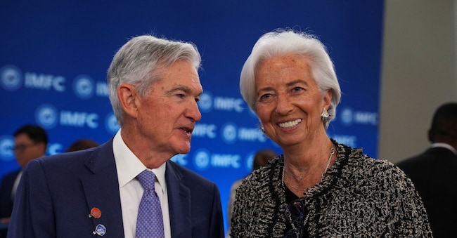 Il presidente della Federal reserve Jerome Powell al fianco della presidente della Bce Christine Lagarde al meeting del Fondo monetario internazionale a Washington il 17 aprile 2026 REUTERS/Ken Cedeno REUTERS
