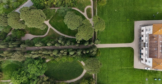 Villa Le Corti a San Casciano Val di Pesa nel Chianti. Nel parco si alternano specie mediterranee e lunghi sentieri tipici del giardino romantico, il viale dei cipressi, un giardino all’italiana, l’orto e il pomario. Non mancano corbezzoli, allori e viburni, accanto ad antichi e altissimi pini domestici. Degno di nota il prato che funge da tetto per lecantine, una sorta di giardino pensile ante litteram.