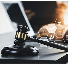 Smart law, legal advice icons and lawyer working tools in the lawyers office showing concept of digital law and online technology of savvy law and regulations .
