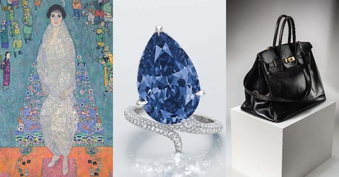 Da sinistra a destra: Portrait of Elisabeth Lederer di Gustav Klimt, nuovo record per un’opera moderna aggiudicato da Sotheby New York a novembre per 236,4 milioni di dollari dalla stima di 150 milioni; The Mellon Blue diamond di proprietà di Bunny Mellon, designer de The White House Rose Garden, venduto per 25,6 milioni di dollari da Christie’s a novembre; Hermès Birkin appartenuta alla Modella attrice Jane Birkin e venduta al prezzo record di di 10,1 milioni di dollari da Sotheby’s Parigi