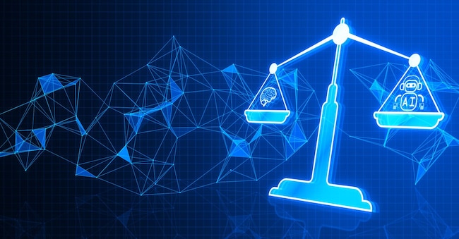 Concept of AI law, artificial intelligence regulations in futuristic glowing low polygonal style with brain and scale symbols on dark blue backdrop. 3D Rendering Who is Danny - stock.adobe.com