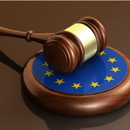 European Union laws, legal system and parliament concept with a 3d render of a gavel on a wooden desktop and the EU flag.