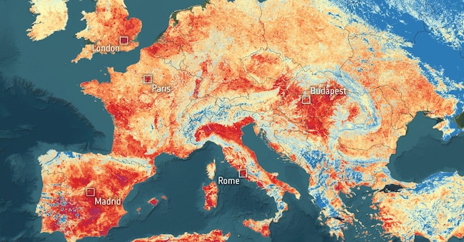 Fotografata dai satelliti l'ondata di caldo che sta attraversando l'Europa: l'immagine, diffusa dall'Agenzia Spaziale Europea, è stata rilevata da Sentinel 3,
la missione che fa parte del programma Copernicus di Esa e Commissione Europea e in grado di raccogliere i dati relativi alla temperatura sulla superficie terrestre e sul mare. Roma, 27 maggio ANSA COPERNICUS DI ESA-NPK ANSA
