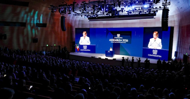 La presidente del consiglio Giorgia Meloni durante l'assemblea annuale Confindustria. (Ansa)