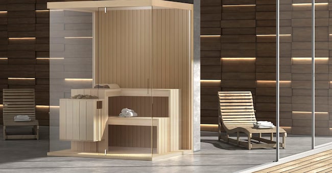 Sauna finlandese Exen, in abete e vetro temperato da 8mm MEGIUS (da 14.500 a 16.600,00 € + iva).