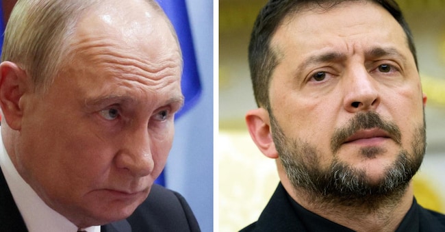 La combo, realizzata con due immagini di archivio, mostra il presidente russo Vladimir Putin (S) e il presidente ucraino Volodymyr Zelensky.ANSA ANSA