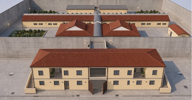 Vista aerea - render dello spazio nel complesso dell’ex carcere mandamentale di Genzano