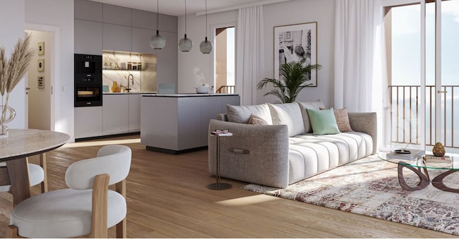 Il rendering dell’interno di uno degli appartamenti in costruzione
