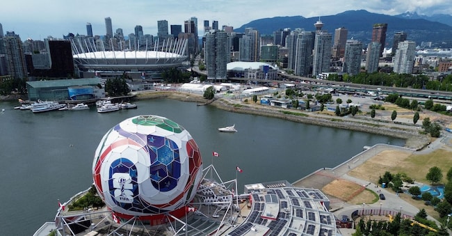 FILE PHOTO: A drone image of Science World, which has been transformed into a 360-degree, 40-metre-diameter re-creation of a match ball ahead of the FIFA World Cup soccer tournament, in Vancouver, British Columbia, Canada, June 3, 2026. REUTERS/Jennifer Gauthier/File Photo REUTERS