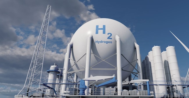 A green hydrogen production plant, powered by renewable energy sources, wind farms. This production avoids greenhouse gas emissions, which makes it an environmentally friendly. 3D illustration Orange Dragon Studio - stock.adobe.com