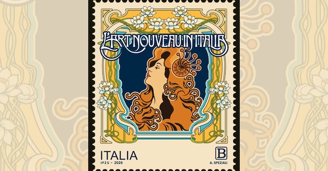 Il francobollo dedicato all’Art Nouveau in Italia, emesso dal Ministero delle Imprese e del Made in Italy nell’ambito della serie tematica “Le Eccellenze del Patrimonio culturale italiano”