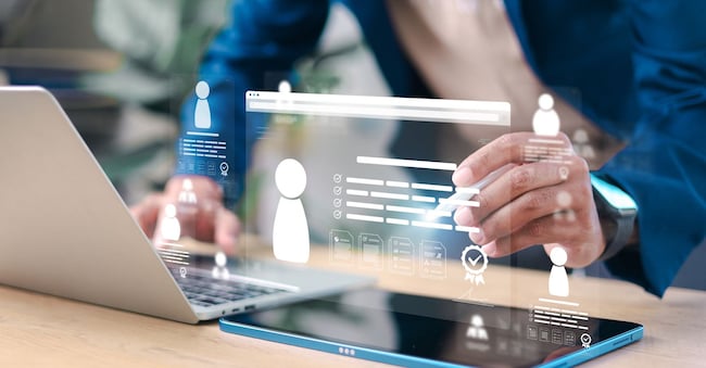 Business professional reviewing digital employee profile on virtual screen with checklist and documents. Concept of recruitment, HR management, talent assessment, and digital onboarding. Smile Studio AP - stock.adobe.com