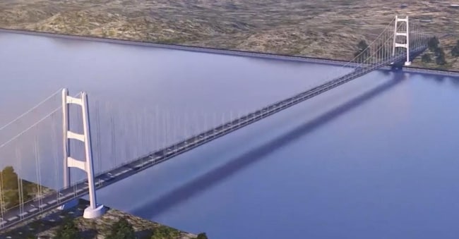 Un frame tratto da un video del rendering del Ponte sullo Stretto di Messina, 6 agosto 2025. ANSA/US WEBUILD +++  ++ ANSA PROVIDES ACCESS TO THIS HANDOUT PHOTO TO BE USED SOLELY TO ILLUSTRATE NEWS REPORTING OR COMMENTARY ON THE FACTS OR EVENTS DEPICTED IN THIS IMAGE; NO ARCHIVING; NO LICENSING +++ NPK ANSA
