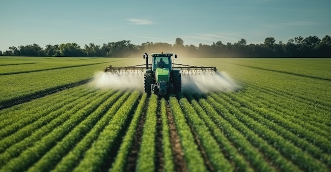 Aerial view of Tractor spraying pesticides on field with sprayer Atchariya63 - stock.adobe.com