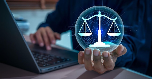 3D5NBP0 AI technology policy and law concept with digital justice scale hologram. Futuristic legal system, artificial intelligence in legal services, digital Alamy Stock Photo