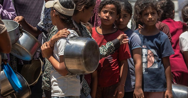 I palestinesi sfollati, con pentole e padelle di metallo in mano, si radunano per ricevere pasti caldi da una mensa di beneficenza nella parte settentrionale della città di Gaza, il 10 giugno 2026. La distribuzione di cibo è avvenuta in un momento di grave carenza di aiuti di prima necessità in tutta l'enclave. Le agenzie delle Nazioni Unite hanno riferito che, nonostante un cessate il fuoco nominale, l'ingresso di aiuti essenziali a Gaza rimane fortemente limitato. EPA/MOHAMMED SABER EPA