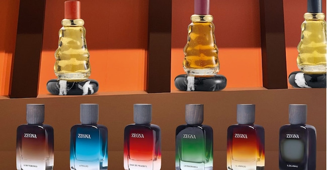Da sopra, Mezzanotte, tre creazioni con ingredienti legnosi preziosi, BOTTEGA VENETA; Memorie, sei scent ispirati a momenti della vita del fondatore della maison, ZEGNA (260 €). Dove non indicato, i prezzi sono su richiesta.