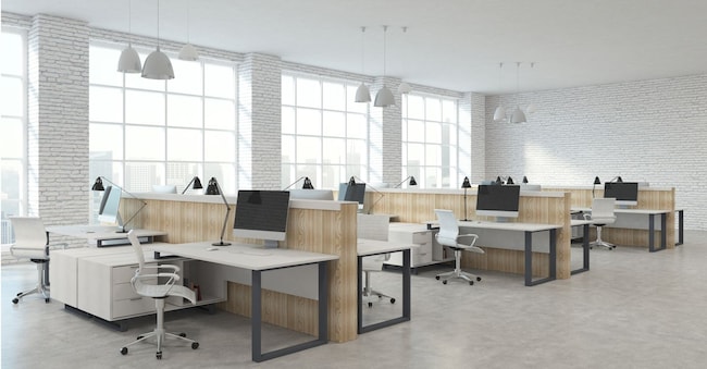 Modern white brick coworking office interior with furniture, equipment and city view with sunlight. 3D Rendering peshkova - stock.adobe.com