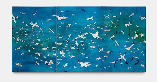 Aerei, 1989. inchiostro su carta intelata. 3 parts, 147 x 99.7 cm. (57 7/8 x 39 ¼ in.) each / 147 x 299.1 cm. (57 7/8 x 117 3/4 in.) total. Cat Rais: n. 3047, pp. 306-307, vol IV/1, (a. 7968) Courtesy of Ben Brown Fine Arts