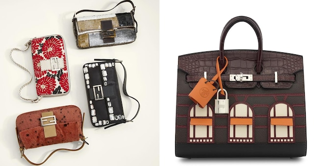 A sinistra: le Baguette Fendi. A destra: Parigi Top Lot 77131706, Birkin, modello 20 Faubourg Rouge Sellier del 2024