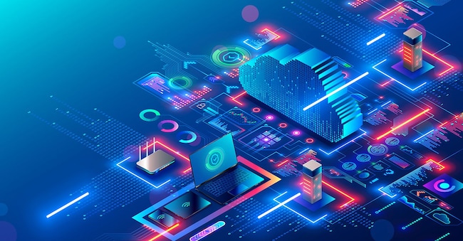 Tecnologia cloud. Cloud computing. Dispositivi collegati a sistemi di archiviazione digitale nei data center. (Adobe Stock)