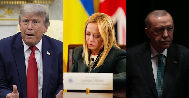 Da sinistra: Il presidente degli Stati Uniti Donald Trump, Il presidente del Consiglio Giorgia Meloni e il presidente della Turchia Recep Tayyip Erdoğan (Ansa)