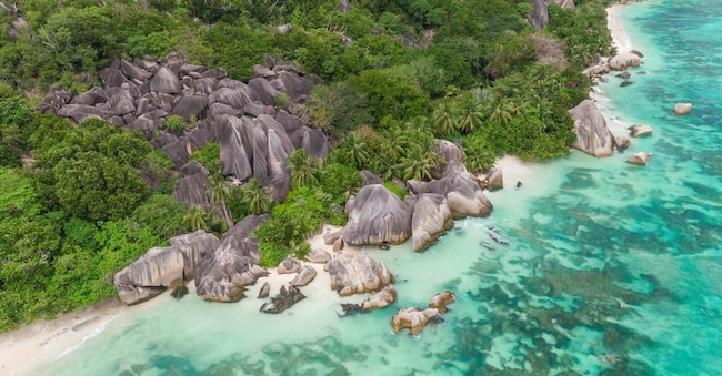 Aerial Anse Source d’ Argent beach, La Digue