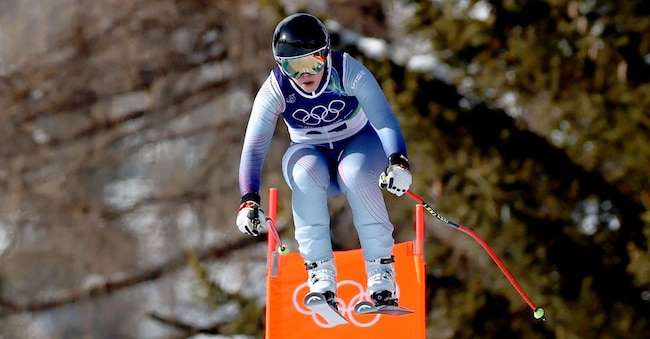 La russa Julia Pleshkova gareggia nella discesa libera femminile delle gare di sci alpino, in occasione dei Giochi Olimpici Invernali Milano Cortina 2026, presso il comprensorio sciistico di Tofane a Cortina d'Ampezzo. EPA
