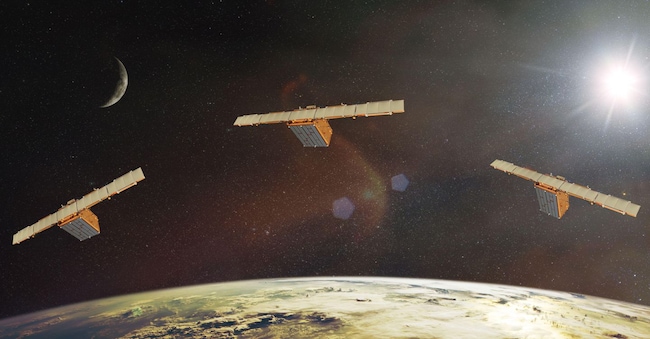 Satelliti nello spazio, in orbita attorno al pianeta Terra.  Alamy Stock Photo